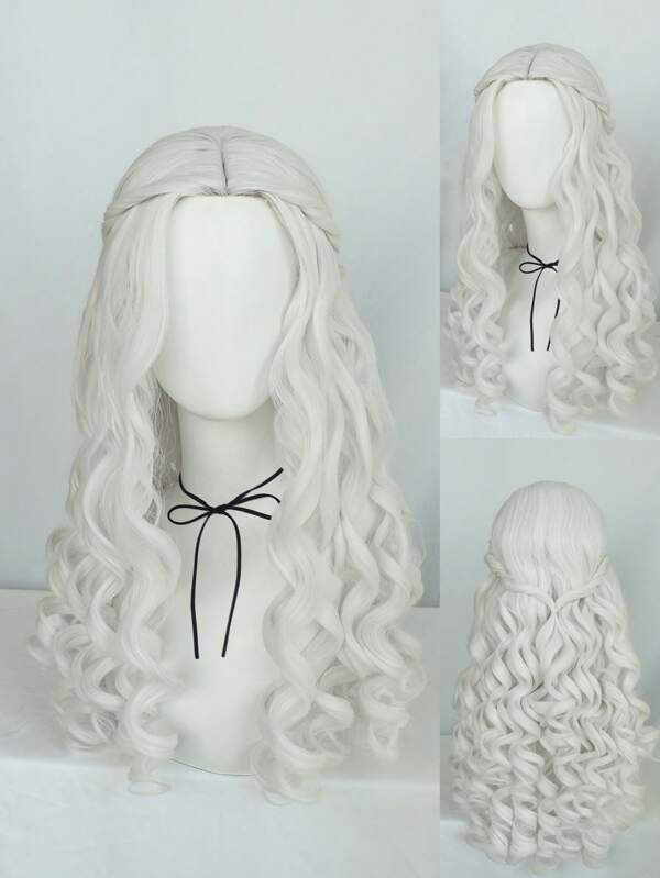 Peruca de Rainha da Moda Clássica de Halloween, Longa, com Grandes Cachos Bufantes, Rabo de Cavalo Encaracolado, Meio Preso e Meio Solto, Resistente ao Calor, Cabelo Sintético Branco, Fantasia de Anime para Mulheres para Uso Diário em Festas, Peruca Encaracolada Branca de Aparência Natural com Repartição ao Meio, Peruca de Princesa para Presentes de Feriados, Dia de Ação de Graças, Natal e Decorações de Ano Novo, com 1 Peça Touca de Peruca