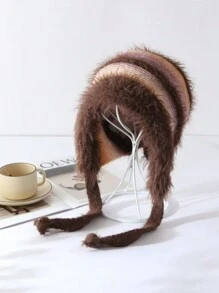 1pc Women Ombre Fluffy Knit Beanie Hat,Thick Soft Plush Warm Ear Protection Winter Headwear, Reversible Hat, Adorable Colored Knitted Cap