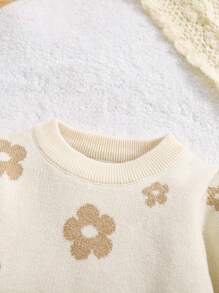 2 件装女婴花卉印花针织毛衣上衣 + 裤子套装，宽松柔软保暖幼儿服装，秋冬季