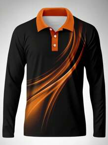 男式图形印花拼色前扣长袖 Polo 衫 - 黃色 - 查看 2