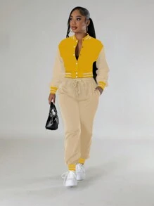 两件套女士休闲拼色单排扣长袖夹克上衣和抽绳口袋运动裤套装，春秋冬装 - 黃色 - 查看 1