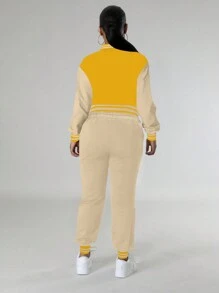 两件套女士休闲拼色单排扣长袖夹克上衣和抽绳口袋运动裤套装，春秋冬装 - 黃色 - 查看 4