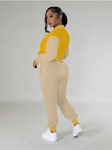 两件套女士休闲拼色单排扣长袖夹克上衣和抽绳口袋运动裤套装，春秋冬装 - 黃色 - 查看 3