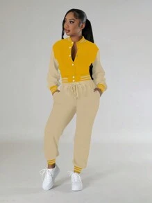 两件套女士休闲拼色单排扣长袖夹克上衣和抽绳口袋运动裤套装，春秋冬装 - 黃色 - 查看 2