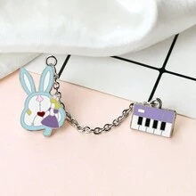 1 件装迷你电子风琴兔子珐琅别针卡通动物金属链胸针时尚夹克翻领别针背包徽章女孩首饰 - 彩色 - 查看 5