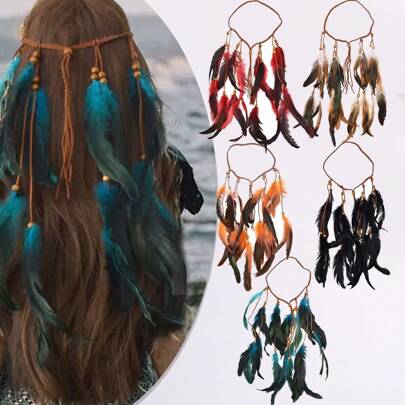 1条女士多色羽毛流苏发带，采用复古时尚手工编织绳和木珠制成，适合假日和日常佩戴，可作发带、头巾、吸汗带、发箍、秋冬季女士发饰、度假装扮、优雅围巾、女士头巾、柔软头巾。