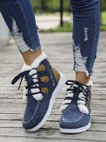 Women Fall Lace-Up Warm Flat Ankle Boots, Fashionable Casual Winter Shoes