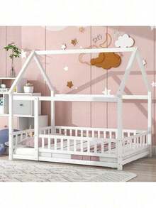 Full Size Floor Wooden Bed With House Roof Frame, Fence Guardrails ,Pink - 白色+松木+全色 - 查看 1