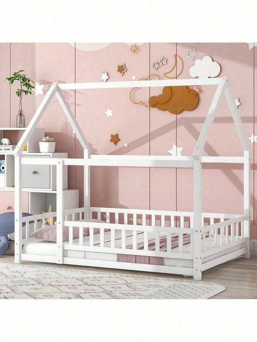 Full Size Floor Wooden Bed With House Roof Frame, Fence Guardrails ,Pink - 白色+松木+全色 - 查看 1