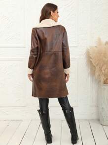 RELISH NOLESS 女式仿毛领单排扣夹克，冬季 - 咖啡棕 - 查看 2