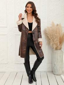 RELISH NOLESS 女式仿毛领单排扣夹克，冬季 - 咖啡棕 - 查看 4