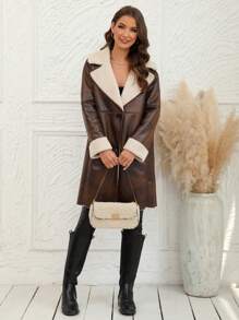 RELISH NOLESS 女式仿毛领单排扣夹克，冬季 - 咖啡棕 - 查看 6