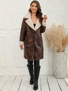 RELISH NOLESS 女式仿毛领单排扣夹克，冬季 - 咖啡棕 - 查看 5