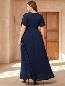 亮片蕾丝紧身胸衣搭配撞色雪纺蝴蝶袖连衣裙，正式礼服，秋季连衣裙，婚礼宾客礼服，生日礼服，正式活动礼服，庆典礼服 - 藏蓝色 - 查看 3