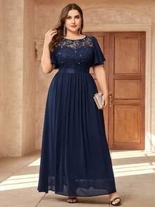 亮片蕾丝紧身胸衣搭配撞色雪纺蝴蝶袖连衣裙，正式礼服，秋季连衣裙，婚礼宾客礼服，生日礼服，正式活动礼服，庆典礼服 - 藏蓝色 - 查看 4