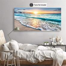 1 件海滩墙壁艺术海滩墙壁装饰蓝海日落白海滩海洋墙壁艺术海滩图片墙壁艺术海景帆布印刷海洋装饰海滩装饰卧室家居装饰无框架 - 彩色 - 查看 2