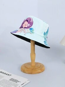 1 件女士双面美人鱼和河马印花渔夫帽，可爱设计，适合假日旅行装 - 印花 - 查看 3