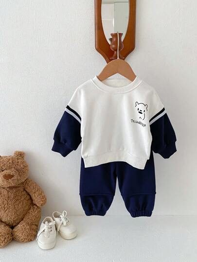 2pcs/Set Baby Boy Fashion Color Block Cartoon Print Sweatshirt And Pants Set, Spring/Autumn