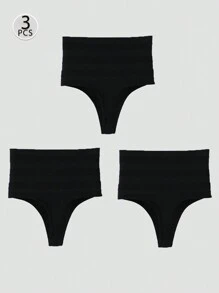 3pcs Women's High Waist Tummy Control Thongs, Sexy Seamless Invisible Panties, Black - Black - View 2
