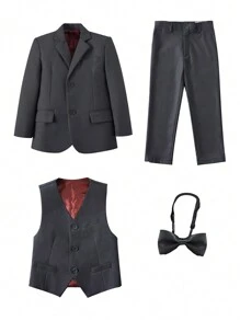 4 件套年轻男孩正装套装：深灰色前扣长袖西装外套 + V 领西装背心 + 西装裤 + 黑色领结