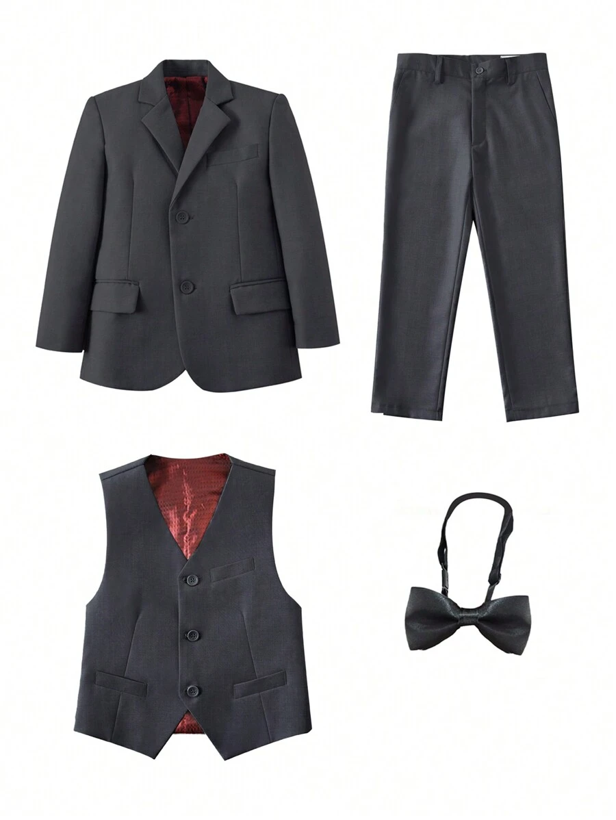 4 件套年轻男孩正装套装：深灰色前扣长袖西装外套 + V 领西装背心 + 西装裤 + 黑色领结