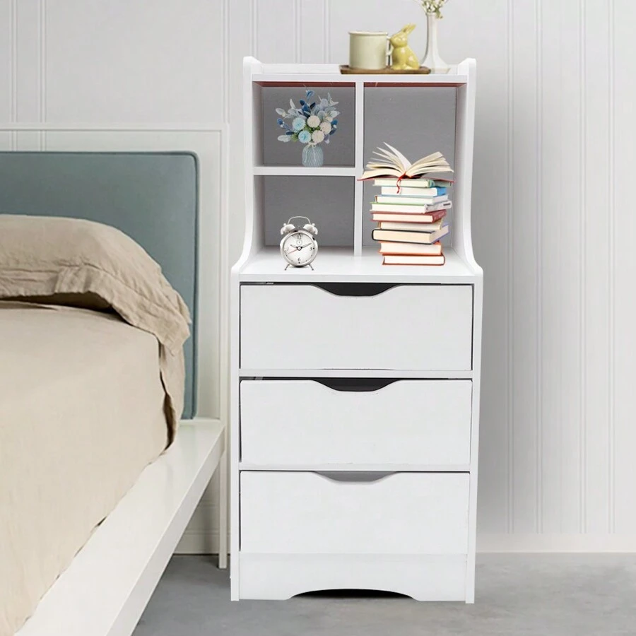 White Tall Nightstand Bedside Table Storage Cabinet Bedroom End Table Organizer With 3 Drawers And Open Shelf