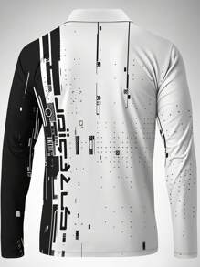 男士休闲黑白撞色印花网球Polo衫，适合通勤和日常穿着，秋季长袖上衣 - 白色 - 查看 3