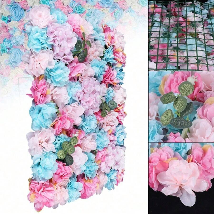 12Pcs Wedding Artificial Flower Wall Pink&Azure Hydrangea Rose Panel Party Decor Wall Backdrop For Wedding Backdrop Event Decor Baby Girls Room (Blue Pink) 12Pcs Artificial Flower Wall Wedding Venue Party Background Decor 40x60x2cm - 彩色 - 查看 1