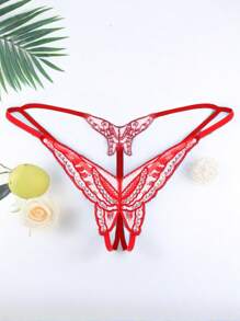 AB. 这款性感刺绣开裆丁字裤饰有水钻，精致的刺绣工艺搭配闪亮的亮片点缀，尽显奢华质感，行走间闪耀动人光芒。低腰剪裁贴合腰腹曲线，不易卷边，日常穿着舒适无痕，更可打造特殊场合的迷人风采。性感与舒适兼具，满足您对美的所有想象，穿上它，瞬间化身自信女神！ - 紅色 - 查看 4