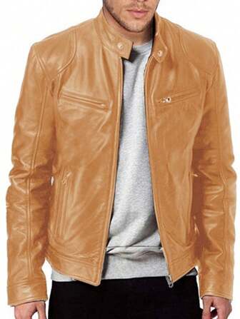 Męska jesienna jednokolorowa modna kurtka ze stójką ze skóry PU