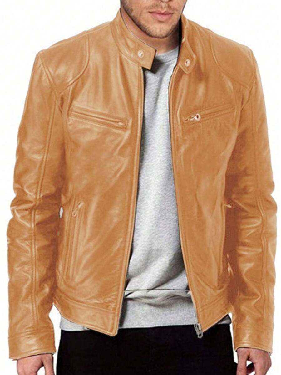 Men's Autumn Solid Color Fashion Stand Collar PU Leather Jacket - Khaki - View 1