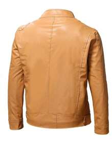 Men's Autumn Solid Color Fashion Stand Collar PU Leather Jacket - Khaki - View 3