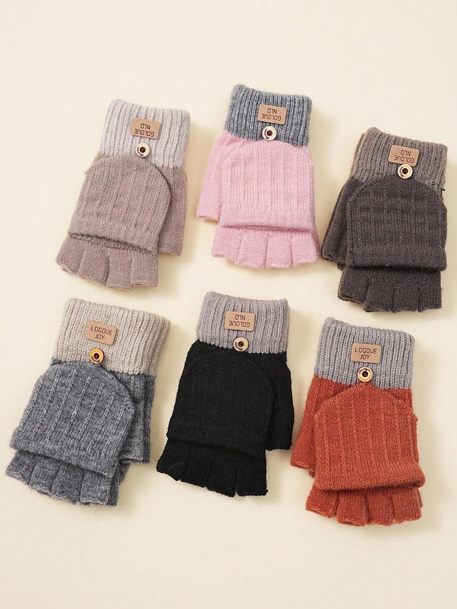 1双情侣针织半指手套，简约设计户外防寒保暖翻盖露指手套，秋冬 - 手套 - 查看 1