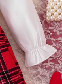 3pcs/Set Young Girls Fashion Spring/Autumn Outfit, Including Solid Color Lapel Blouse, V-Neck Knit Vest, And Plaid Bow Elastic Waist Skirt, Comfortable Casual Versatile Childrenswear