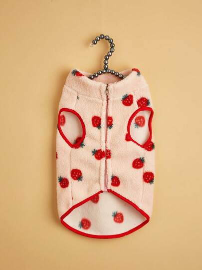 1pc Cute Strawberry Pattern Pet Vest, Warm Plush Pet Clothes For Cats And Dogs, Suitable For Autumn/Winter
