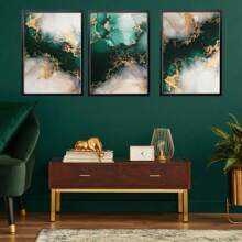3Piece Emerald Green And Gold Fluid Ink Print Set, Living Room Wall Poster, Unframed - Multicolor - View 4