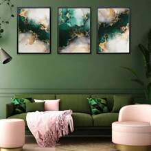 3Piece Emerald Green And Gold Fluid Ink Print Set, Living Room Wall Poster, Unframed - Multicolor - View 6