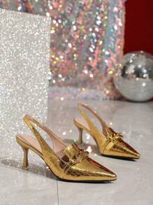 Sandalias de tacón alto doradas, zapatos casuales de mujer con tira trasera sin talón para fiesta de verano, boda, tacones altos de cadena metálica de moda con punta cerrada, calzado formal y casual de talla grande - Dorado - Ver 4