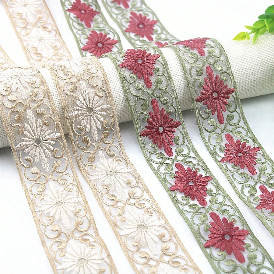 2码花朵镂空透明刺绣丝带蕾丝花边衣服帽子包包连衣裙DIY装饰配件 - 米色 - 查看 1