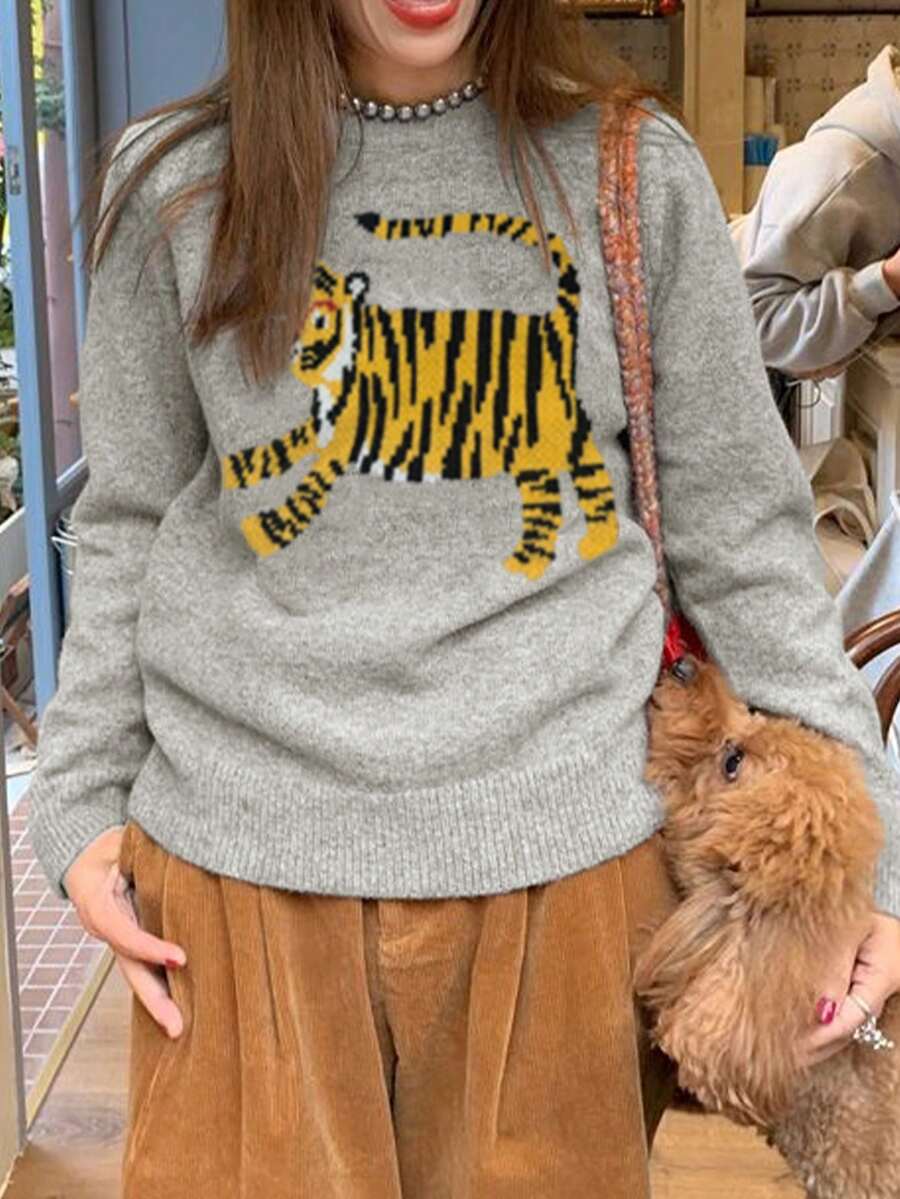 复古风圆领卡通图案提花针织毛衣 - 灰色 - 查看 1