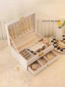 1pc Multifunctional Plaid Princess Cosmetic & Jewelry Box With Lock, Drawer, And Leather Surface For Storing Bracelets, Earrings, Necklaces And Other Accessories Back To School, Room Decor - One Size - View 21