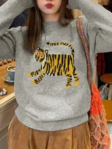 复古风圆领卡通图案提花针织毛衣 - 灰色 - 查看 2