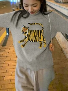 复古风圆领卡通图案提花针织毛衣 - 灰色 - 查看 3