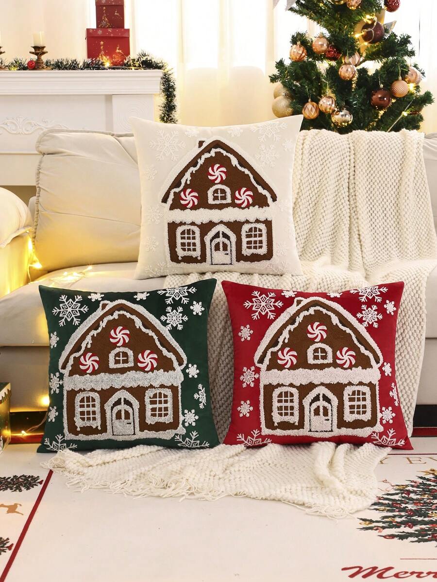 Miater 1件/2件装圣诞装饰枕套，刺绣毛绒面料，冬日小屋图案，客厅沙发卧室节日礼物，红色
