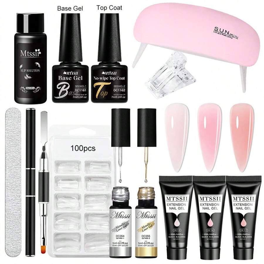 13pcs/20ml Nail Extension Gel Kit, Includes 6W LED Lamp, Full Set Of Nail Art Tools, Semi-Permanent Metal Line Gel, Manicure Tool Set - Multicolor - View 1