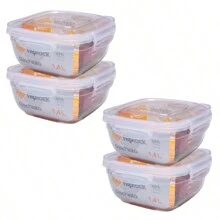 Kit 4 Square Pots 1.4L Transparent Lid With Fliplock Locks Lunch Box - Trong sáng - Xem 1