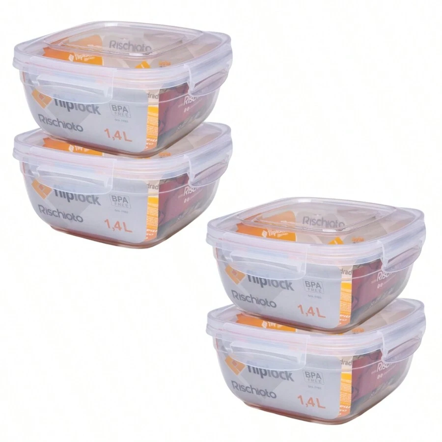 Kit 4 Square Pots 1.4L Transparent Lid With Fliplock Locks Lunch Box - Trong sáng - Xem 1