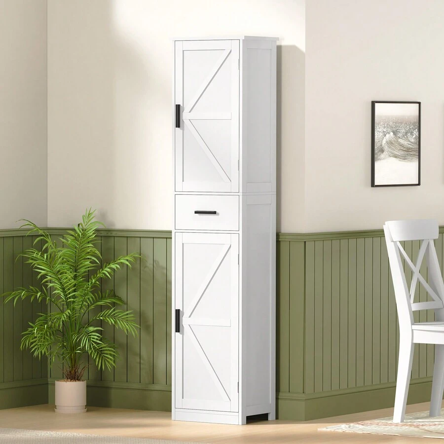 Tall Storage Cabinet, Bathroom Cabinet With 6 Shelves & Drawer, Narrow Storage Cabinet With Ajustable Shelves, Tall Cabinet For Living Room, Home Office