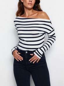 新款休闲百搭条纹女式 T 恤 - 白色 - 查看 5