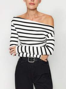 新款休闲百搭条纹女式 T 恤 - 白色 - 查看 3